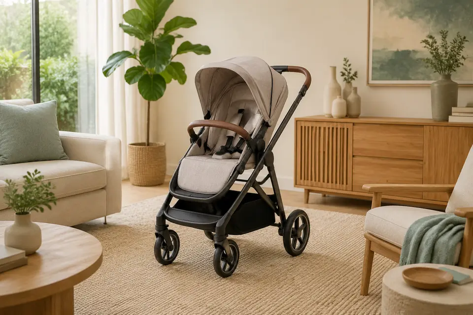 Carrinho de bebê moderno em uma sala clara