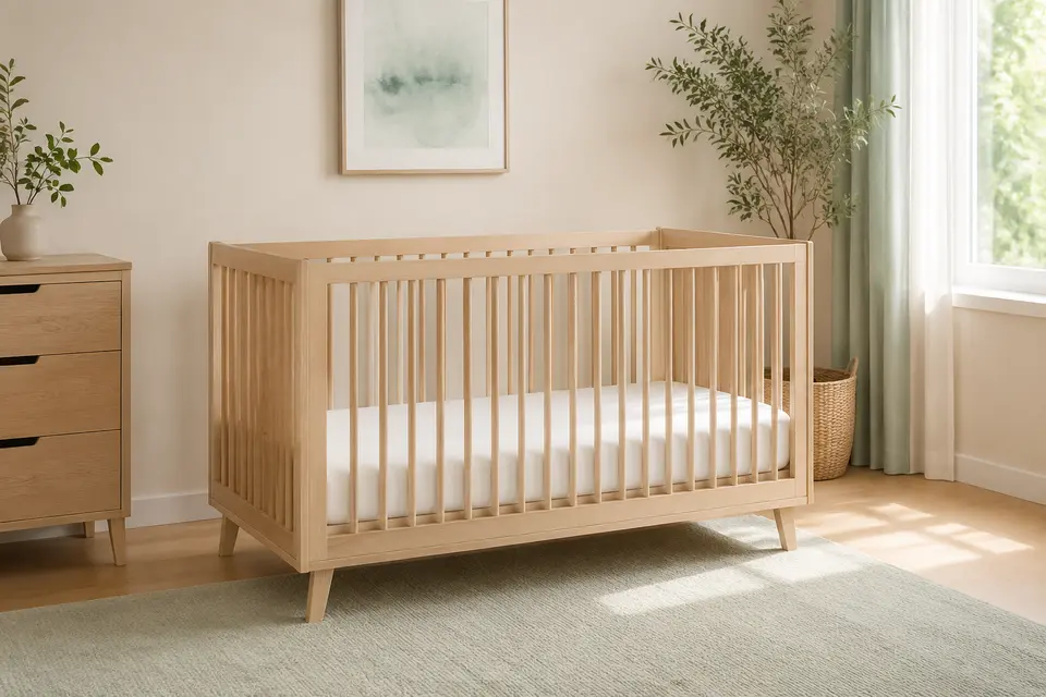 Berço de madeira clara em um quarto de bebê